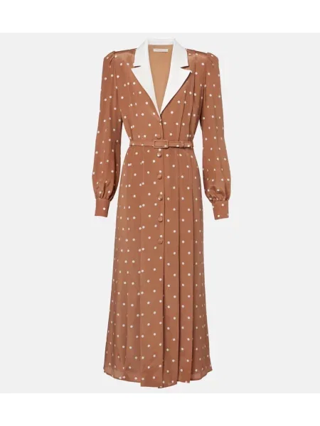 Satynowa sukienka koszulowa Alessandra Rich w grochy garniturowa brązowa