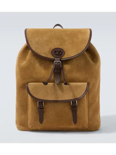 Rucsac Valentino Garavani din piele de căprioară bej