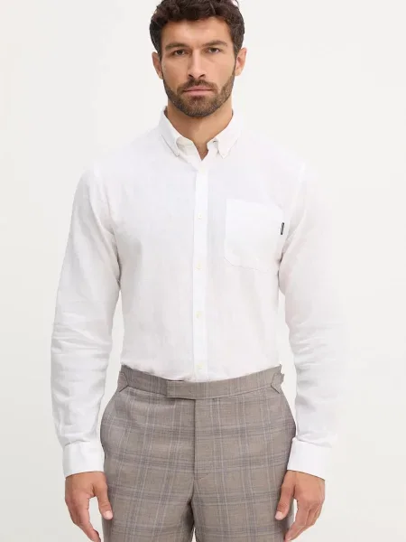 Ленена риза Lindbergh зелено със стандартна кройка с яка с копче бяло