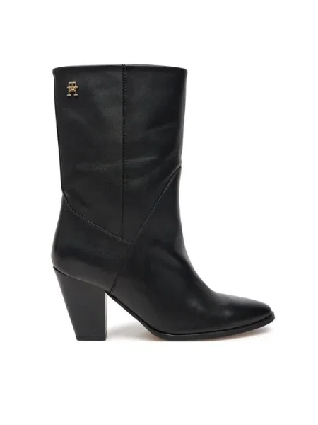 Кожени боти Tommy Hilfiger MID COWBOY HEEL LEATHER с дебел черно
