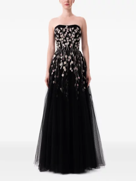 Rochie maxi Dina Melwani cu model floral fără bretele negru
