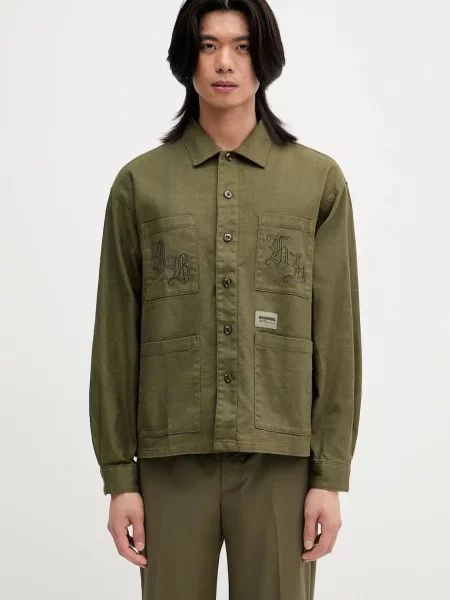 NEIGHBORHOOD cămașă din amestec de in EMBROIDERY cu guler clasic relaxed verde