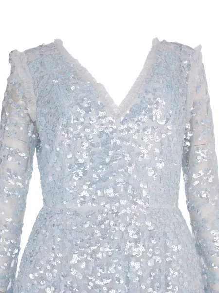 Oblekové maxi šaty Needle & Thread s flitry s výstřihem do v modré