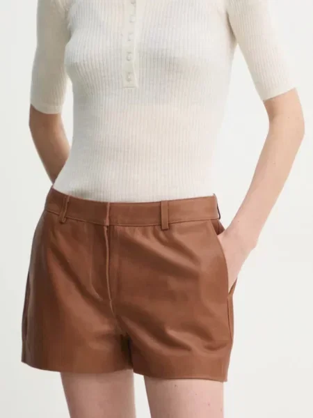 Herskind pantaloni scurți de piele Holly femei uni medium waist maro