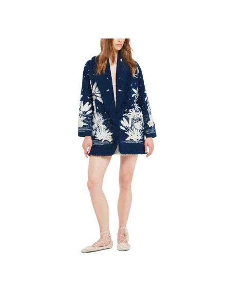 Długi kardigan Alanui z frędzli z szalowym kołnierzem niebieski