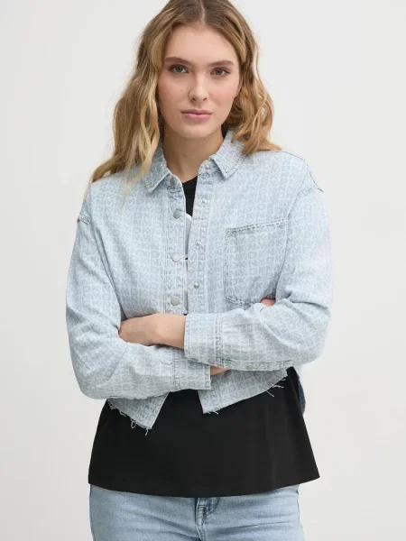 Риза Dkny дамска със стандартна кройка с класическа яка синьо
