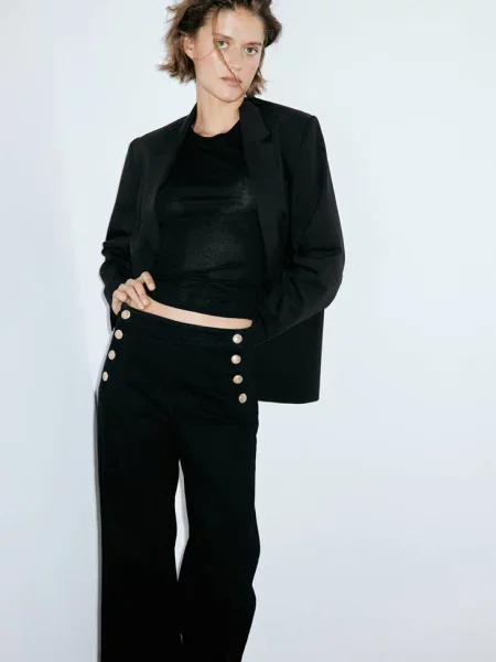 Jeansy wide leg z bocznymi black denim Kobieta 34 MANGO czarne
