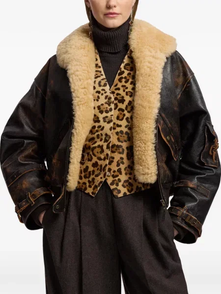 S ovratnikom kožna jakna Ralph Lauren Collection s izlizanim efektom smeđa