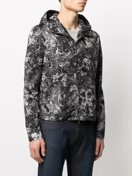 Geacă Emporio Armani cu glugă cu imagine cu imprimeu abstract negru