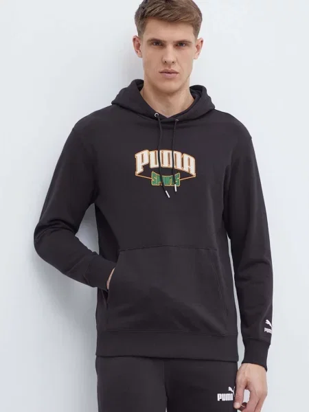 Bombažen pulover Puma s kapuco črna
