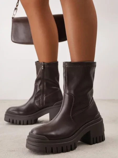 Botine VICES cu gros și platformă în stil grunge cu imprimeu Piemena maro