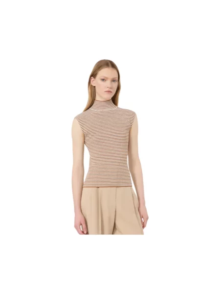 Lniany sweter z golfem Max Mara Studio w paski z paskiem beżowy