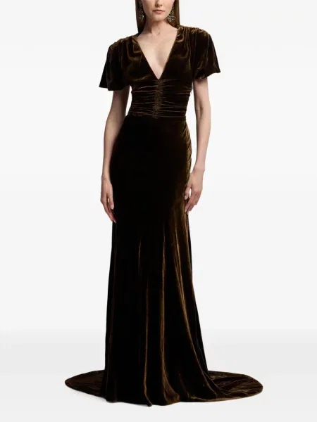 Rochie maxi Ralph Lauren Collection de catifea cu volane maro