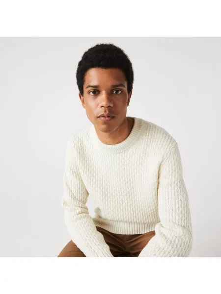 Lacoste Sweter Z Wełny O Regularnym Kroju I Splocie Kablowym biały