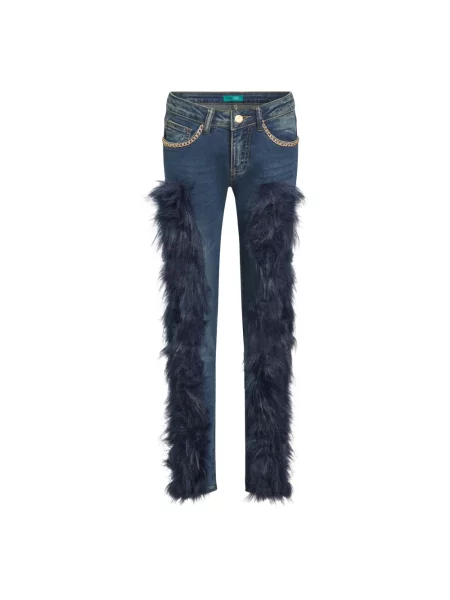 Sztuczne futro jeansy Tooche z naszywkami niebieskie