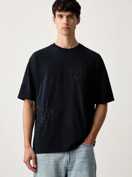 T-shirt z haftami i okrągłym dekoltem Scotch & Soda granatowa