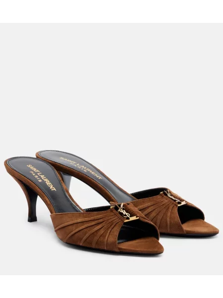 Papuci tip mules Saint Laurent din piele de căprioară maro