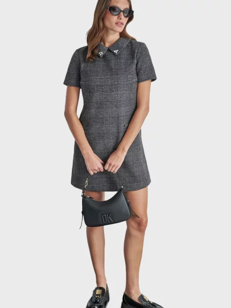 Шерстяное клетчатое платье Dkny серое