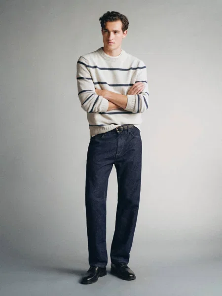 Sweter w paski z przędzy Pinori Filati jasny / pastelowy Mężczyzna S MANGO MAN szary