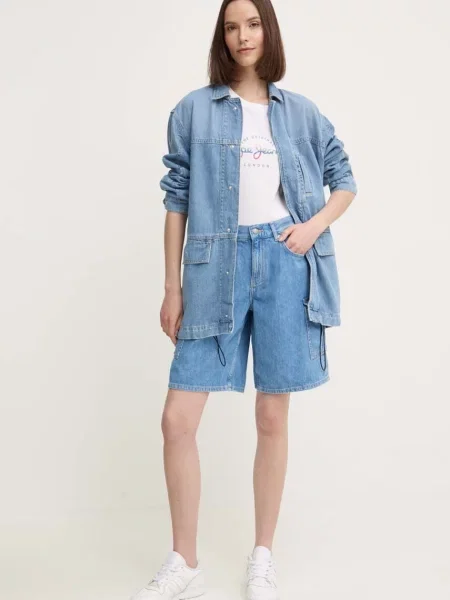 Pepe Jeans szorty jeansowe RELAXED SHORT HW WORKER brązowy gładkie high waist niebieskie