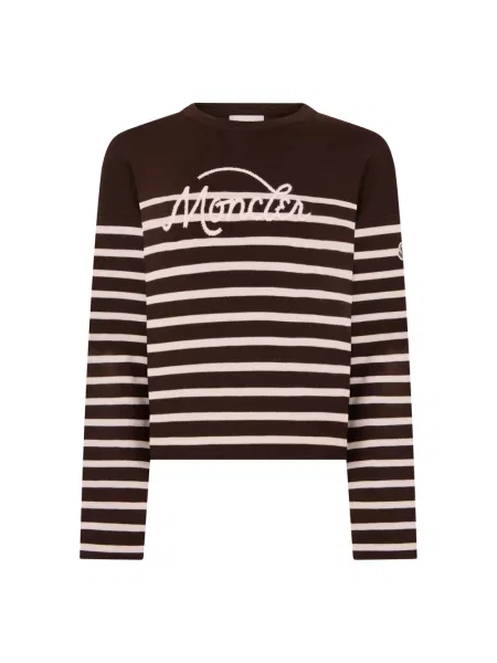 Sweter Moncler wełniany w paski z długim rękawem brązowy