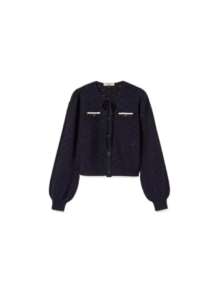 Lniany kardigan Twinset niebieski