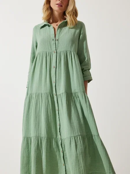 Rochie tip cămașă Happiness İstanbul din muselină evazată de costum verde