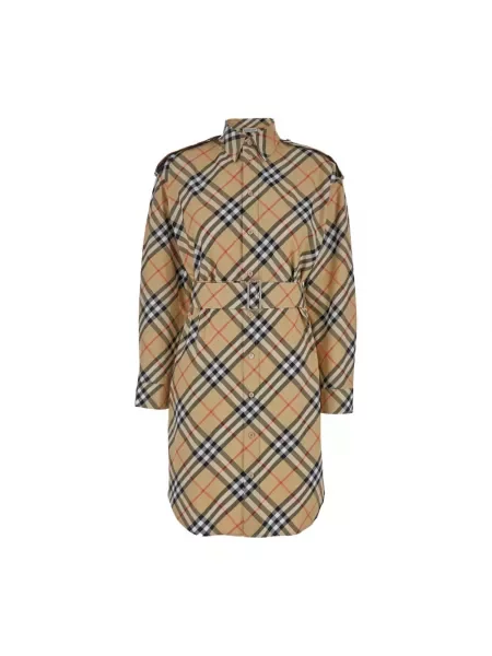 Sukienka koszulowa Burberry w kratkę z nadrukiem do kolan beżowa