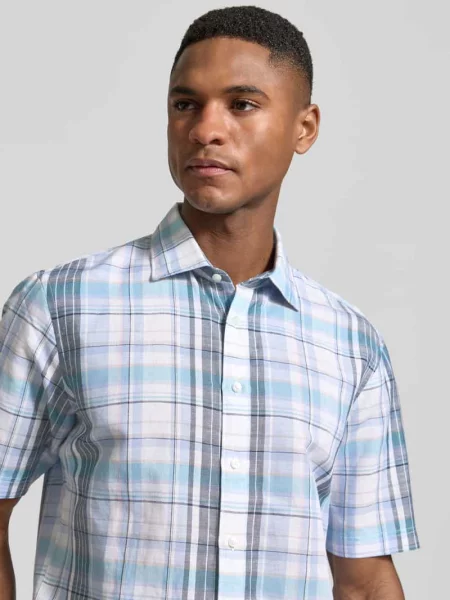 Koszula biznesowa z mieszanki lnu o kroju slim fit z kołnierzem kent Jake*s niebieska