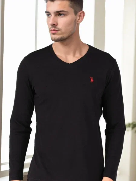 Tricou mânecă lungă Dewberry cu decolteu în V negru