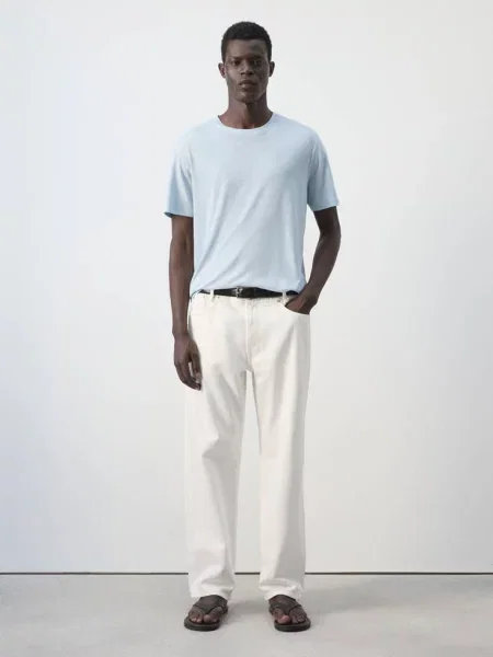 Koszulka slim fit z mieszanki lnu Mężczyzna L MANGO MAN błękitny