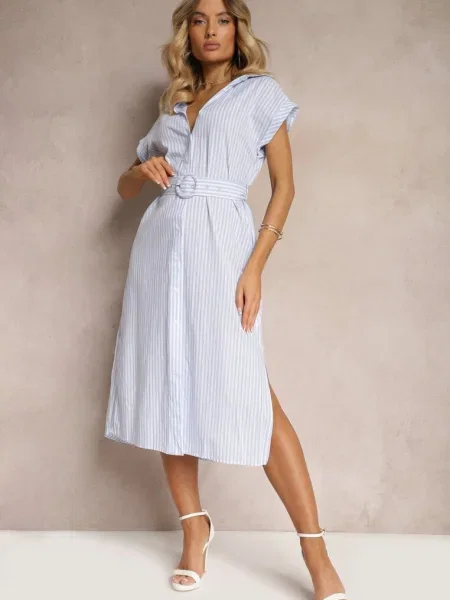 Rochie Cămașă din cu Centură în Talie Nelassia albastru
