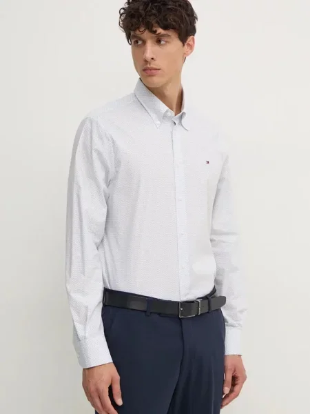 Риза Tommy Hilfiger мъжка с кройка по тялото с яка с копче бяло