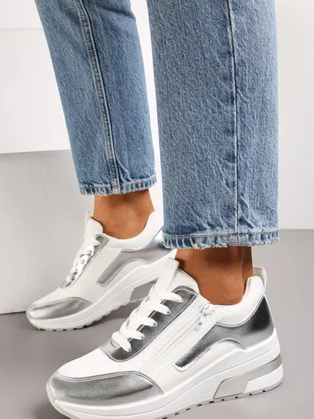 Sneakers Albi-Argintii din Piele Ecologică cu Detalii Strălucitoare și Decorativ Raviles alb