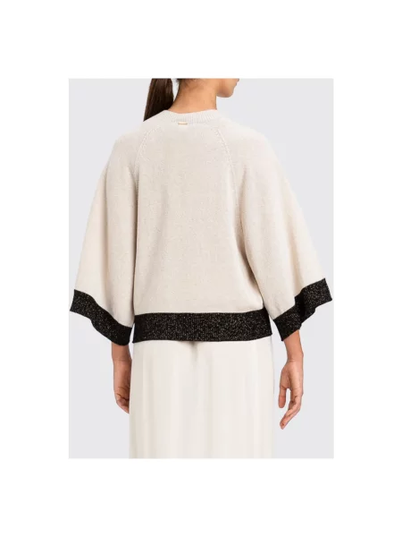 Sweter Twinset wełniany z dekoltem w łódkę o skróconej długości beżowy