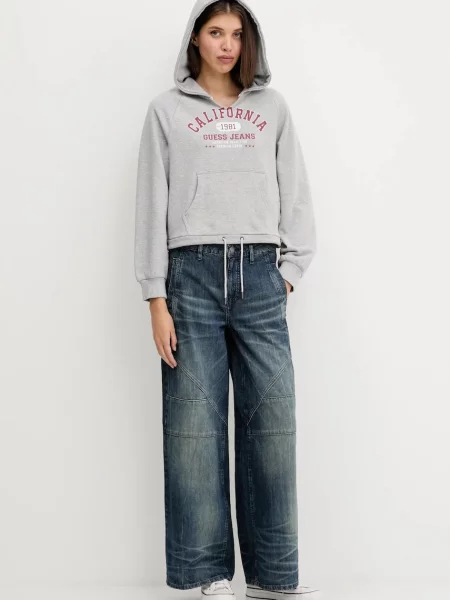Кофта Guess Jeans з капюшоном з принтом сірий
