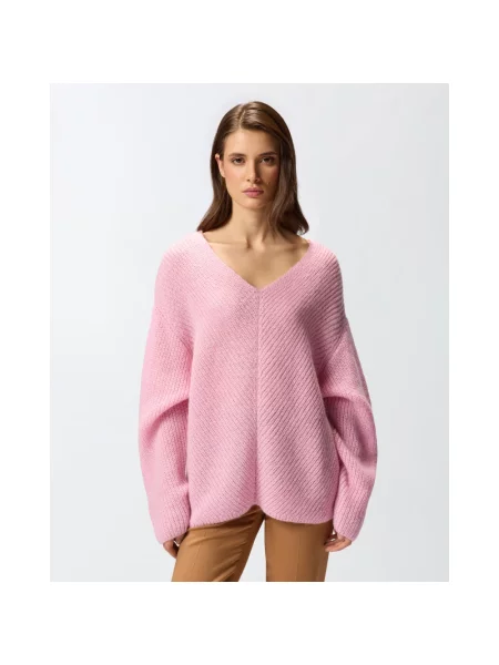 Sweter Pinko wełniany z dekoltem w łódkę różowy