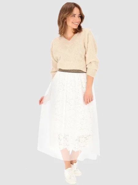 Fustă midi Perso din dantelă alb