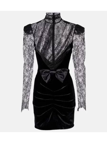 Čipkasta obleka Alessandra Rich z lokom iz rebrastega žameta črna