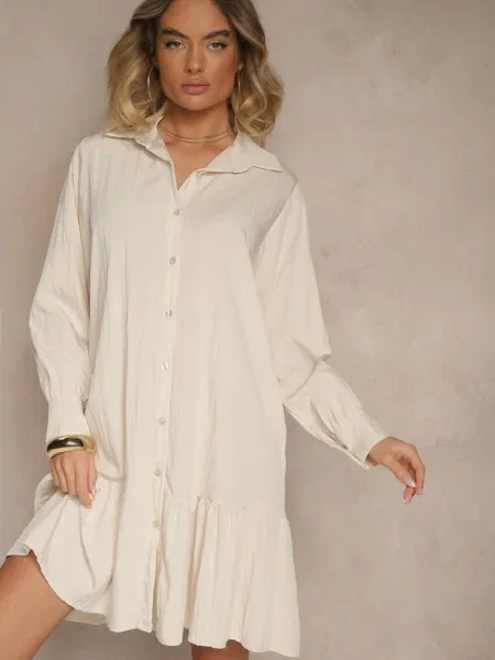 Jasnobeżowa Koszulowa Sukienka z Wiskozą Zakończona Falbanką Tirzedi beżowa