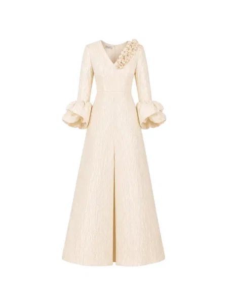 Rochie maxi Baruni cu model floral în linie A alb