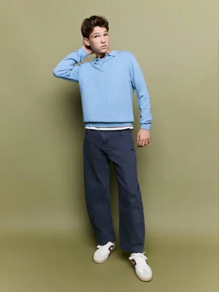 Sweter z dzianiny z kołnierzykiem polo Dzieci lata MANGO KIDS niebieski