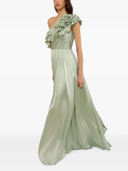 Rochie maxi Ulla Johnson de mătase cu volane cu un umăr gol verde