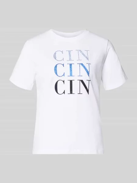 T-shirt z obszyciem ozdobnymi kamieniami i okrągłym dekoltem Comma biała