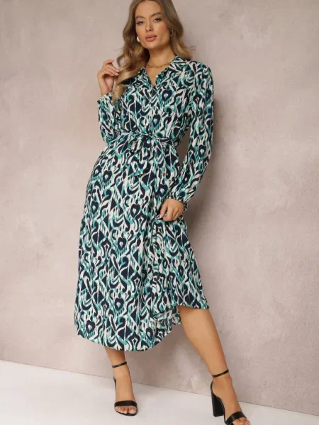 Rochie Cămașă cu Model Geometric Gena albastră