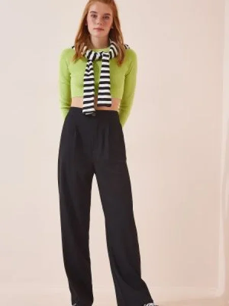 Pantaloni palazzo Happiness İstanbul cu talie înaltă negru