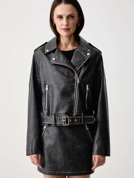 Gaudi geacă de biker pentru femei din imitație de piele negru