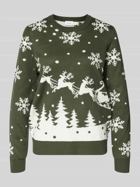 Sweter z dzianiny z okrągłym dekoltem model ‘SNOWI’ Vila khaki