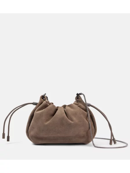 Mała torebka crossbody Brunello Cucinelli zamszowa brązowa
