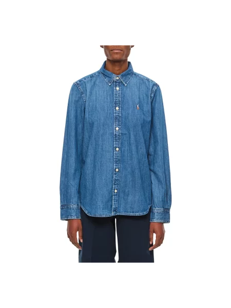 Bluzka Ralph Lauren z twillu z długim rękawem niebieska